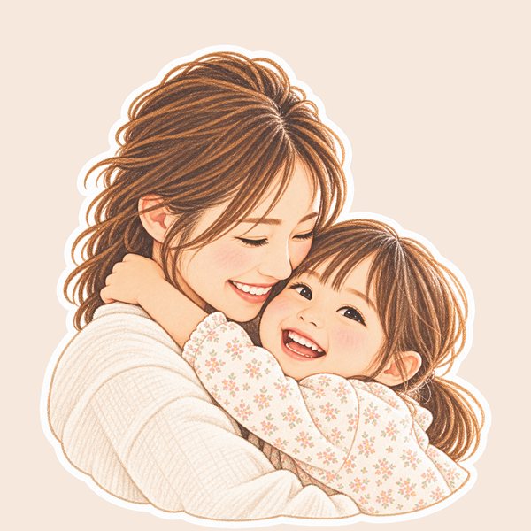 お母さんと女の子が笑顔で抱き合う、クレヨン風のイラスト
