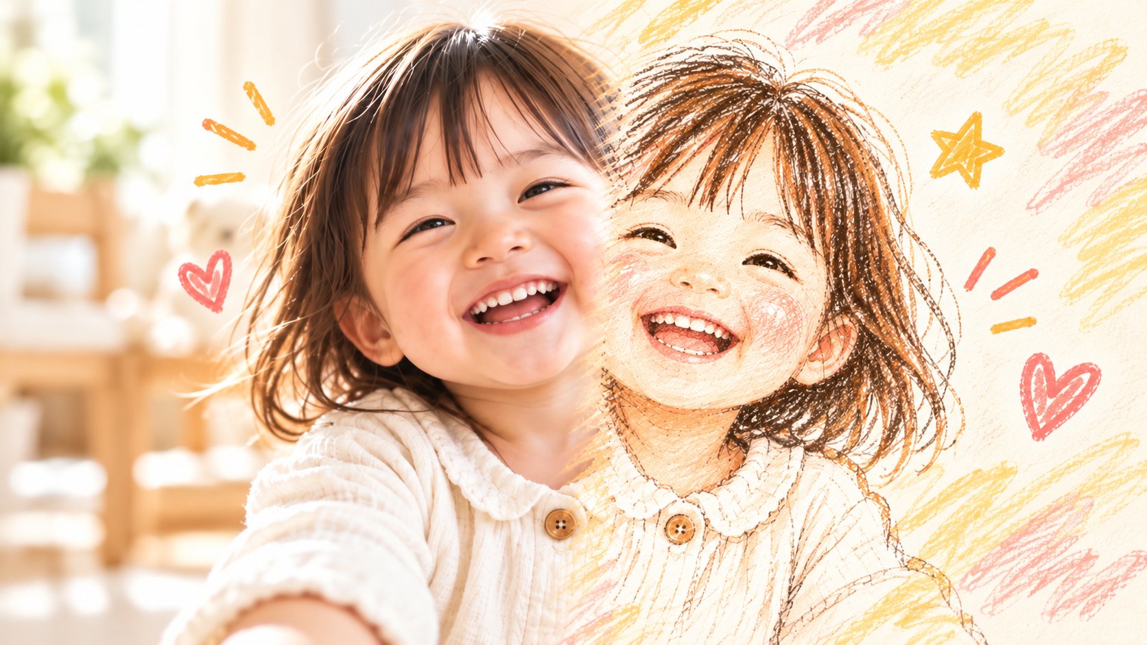 笑顔の女の子の写真が、やさしいクレヨンタッチのイラストに変わっていくイメージ