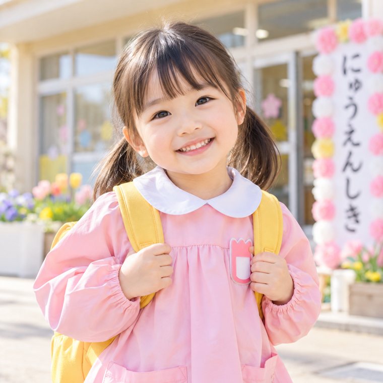 入園式の日に、黄色いリュックを背負ってほほえむ女の子の写真